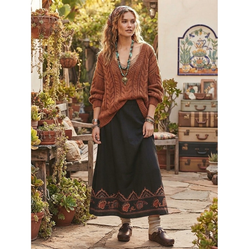 Bechamel Plus Size 18 Linen Blend Black Embroidered A-line Maxi Skirt Boho Artsy